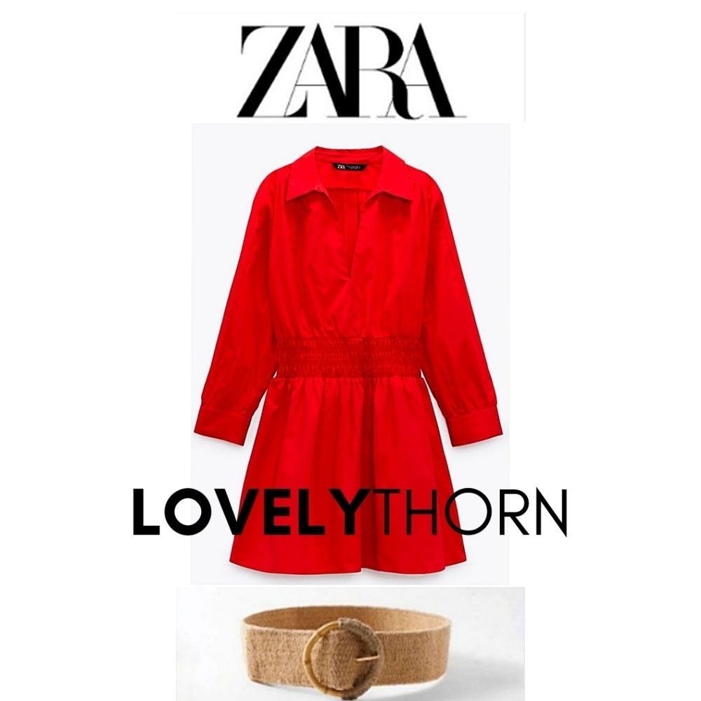 ZARA // retro-chic red poplin collar smock waist long sleeve plunge mini dress - Picture 10 of 16